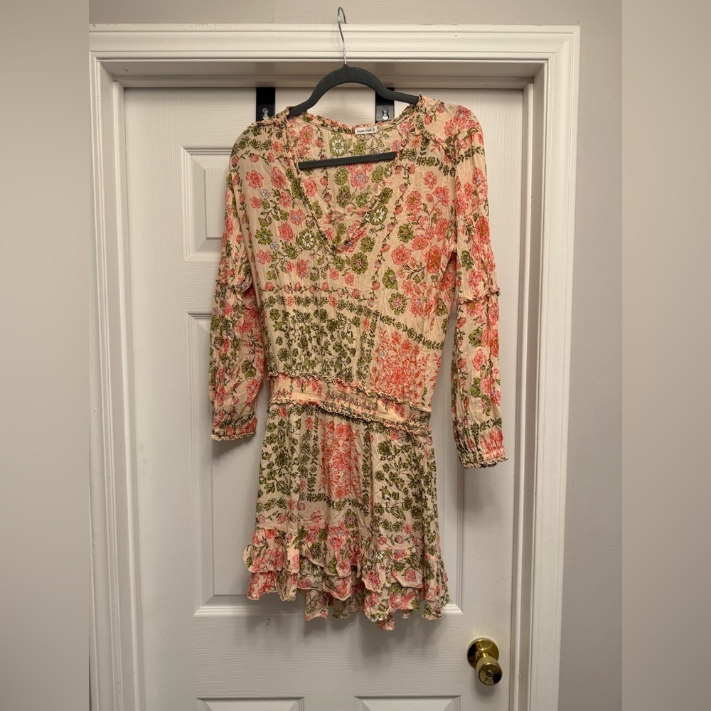 Poupette St Barth Women’s Long Sleeve Shirt Dress Pink Green Floral Print Size S